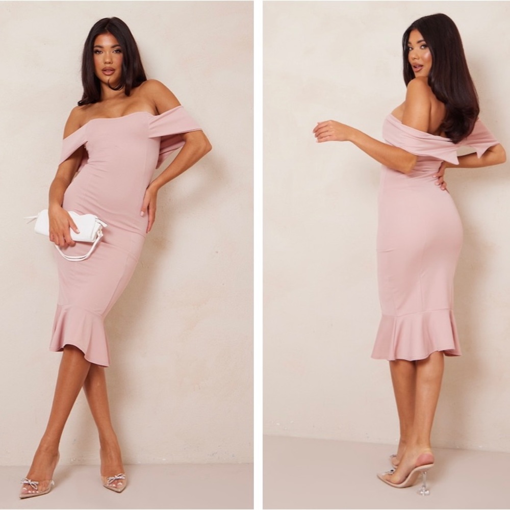 PrettyLittleThing Dusty Pink Bardot Frill Hem Dress